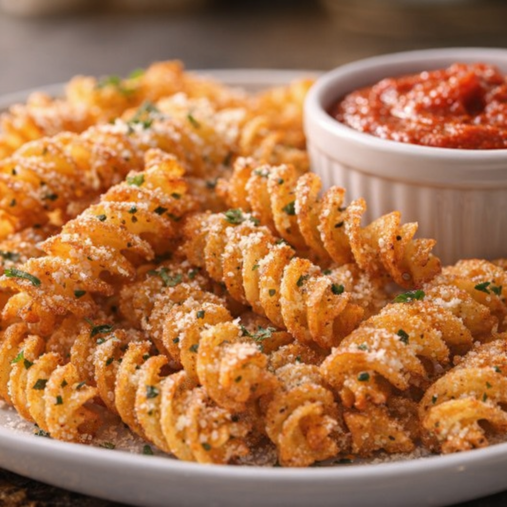 Close-up of baked pasta chips with Parmesan and dip