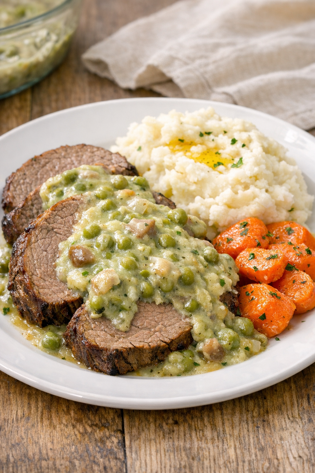 Finished Amish beef and pea casserole plated for serving