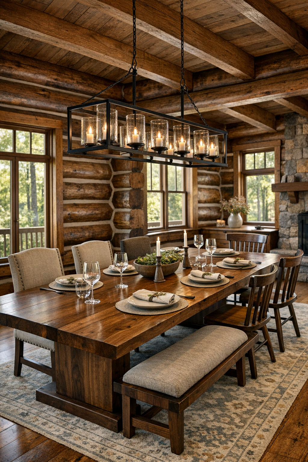 Refined rustic dining room with walnut table and window light