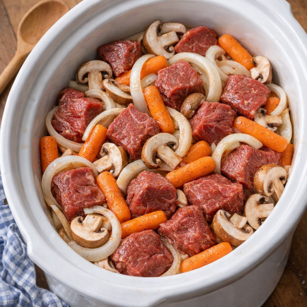 Slow cooker ingredients with mushrooms and carrots variation