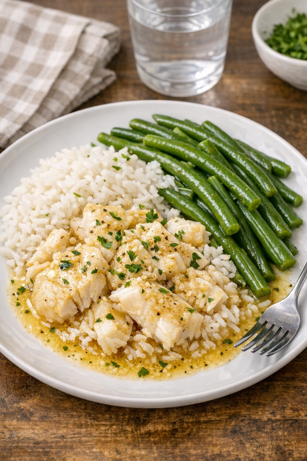 Finished plated slow cooker cod with sides