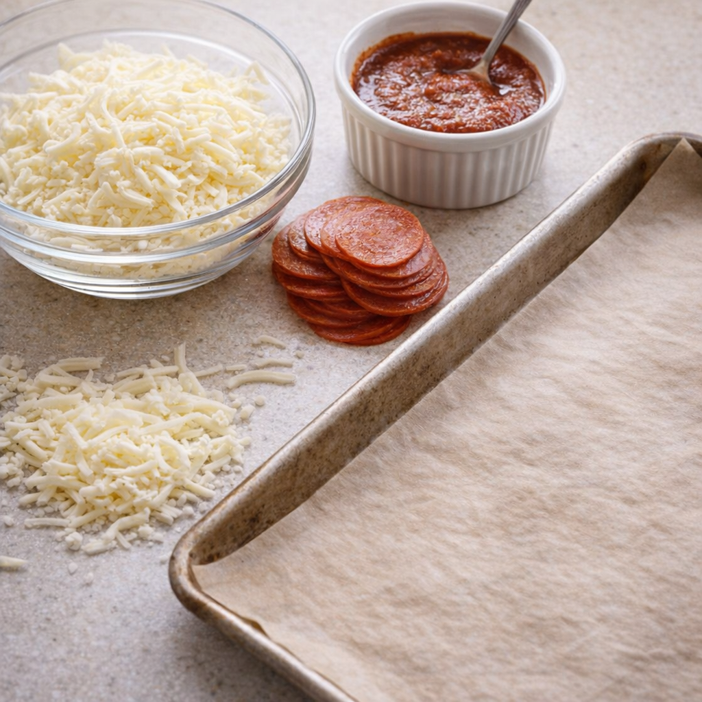 Mozzarella and pepperoni arranged for pizza bites prep
