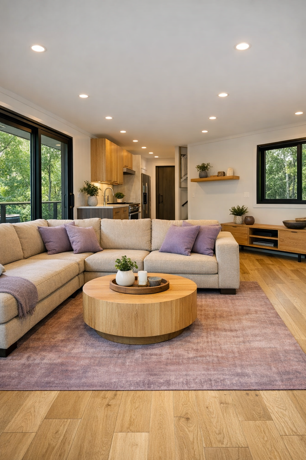Accessible living room with dusty lavender accents and soft modern furnishings