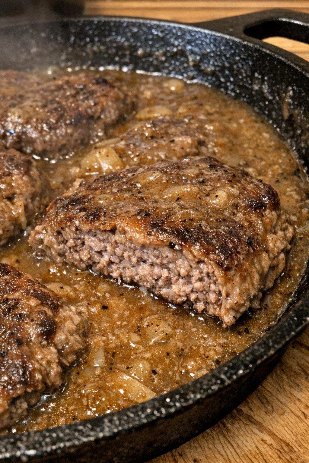 Finished cube steak in bubbling gravy