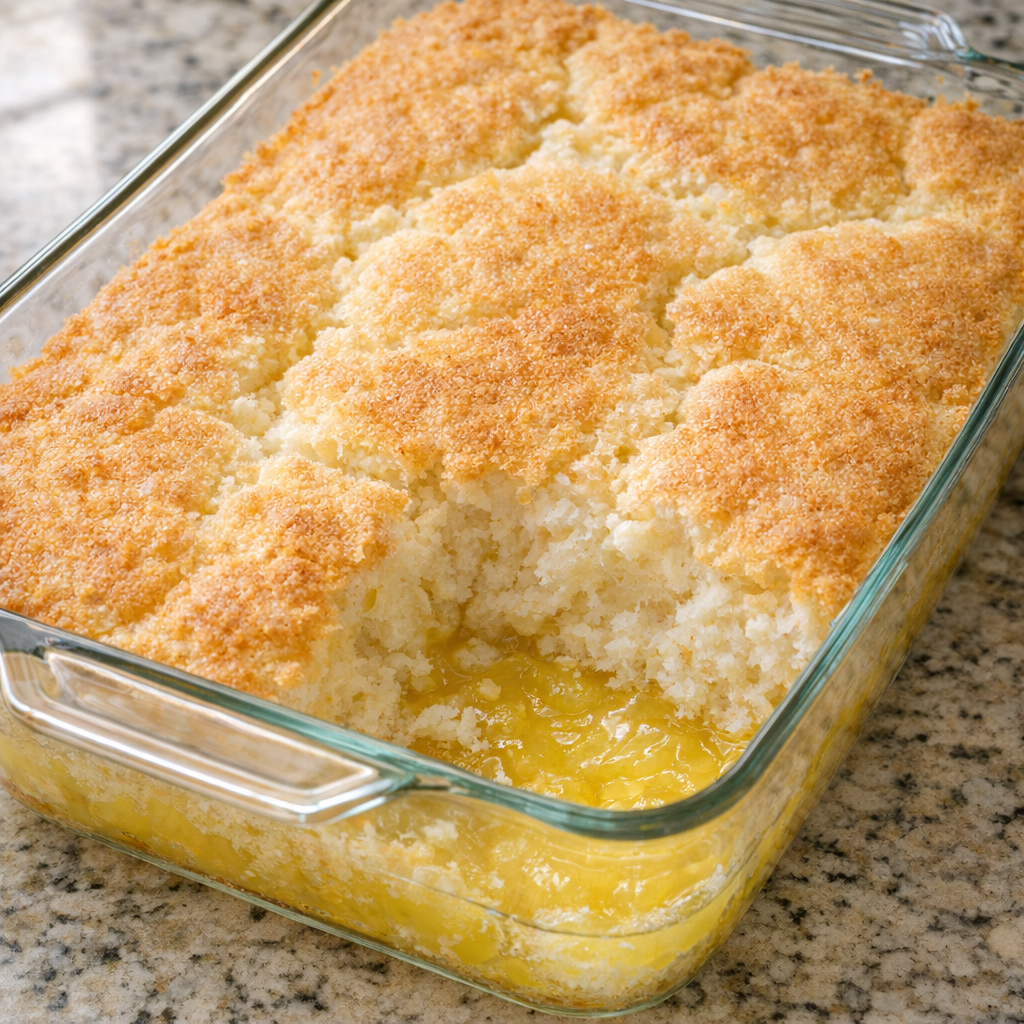 Freshly baked lemon angel food cake in a glass casserole dish