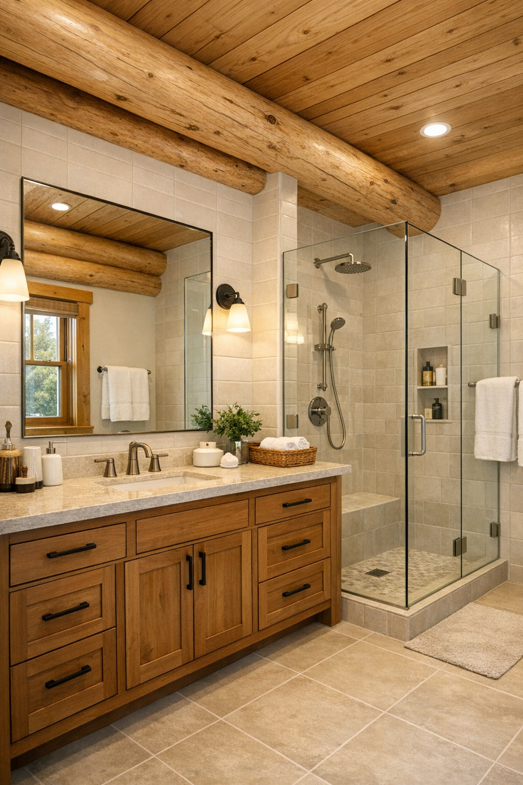 Bright rustic bathroom with a wood vanity, light tile, and a glass shower