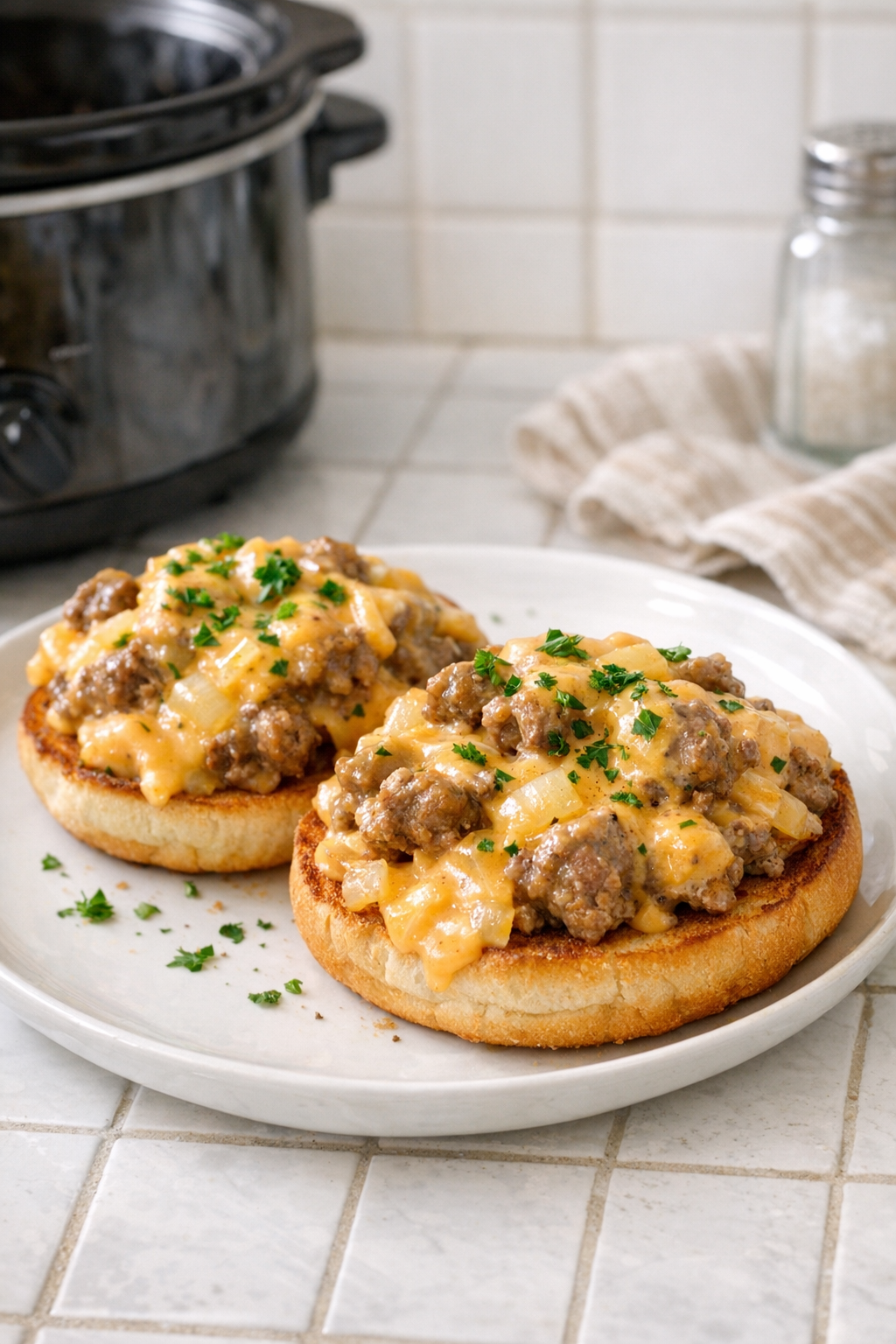 Finished cheesy beef melt plated on toasted buns