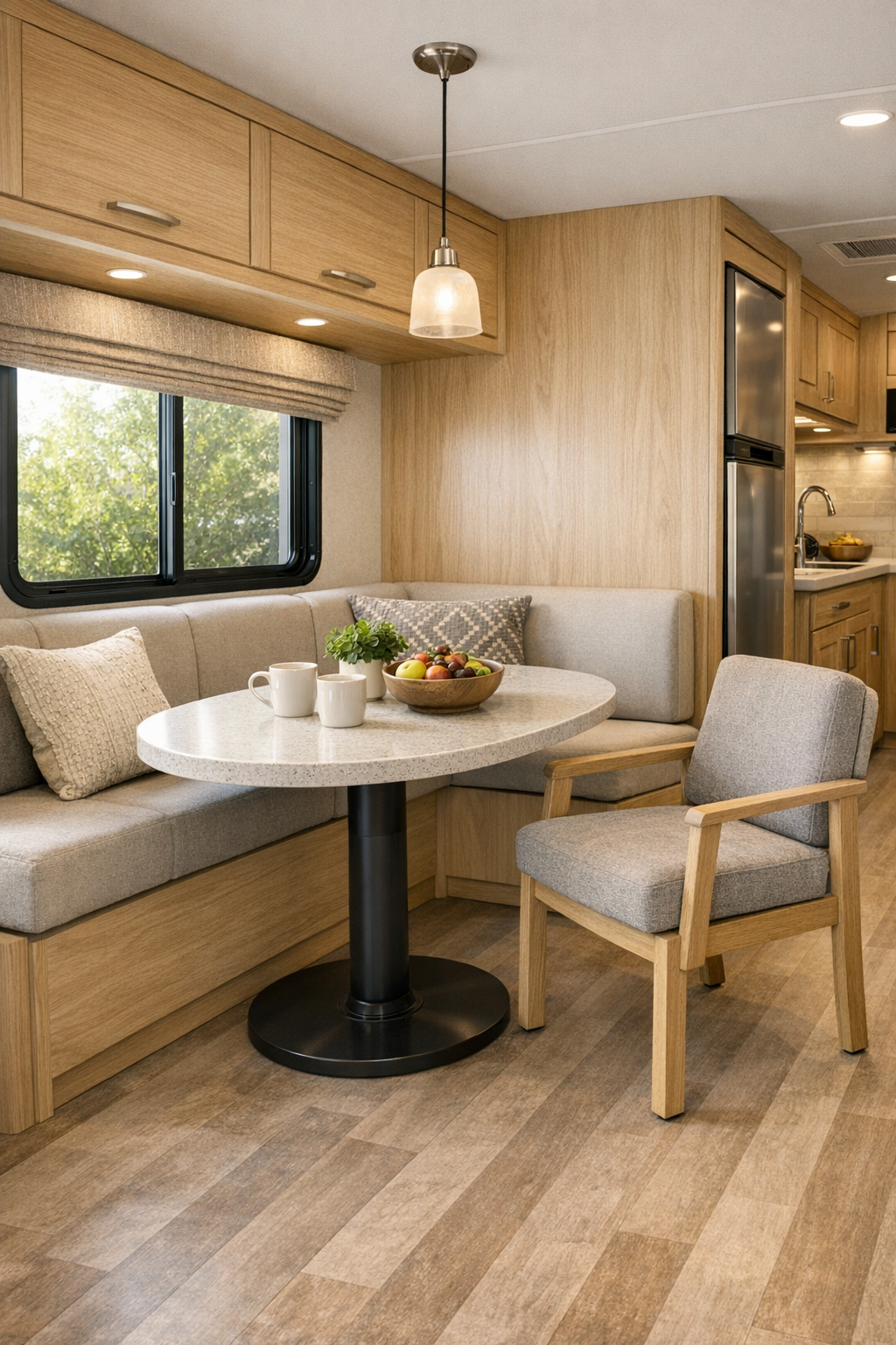 Accessible RV dining nook with rounded pedestal table, built-in bench, and soft natural light