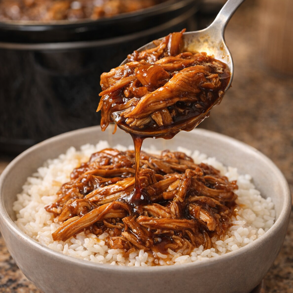 Fork-shredded teriyaki chicken being spooned onto rice