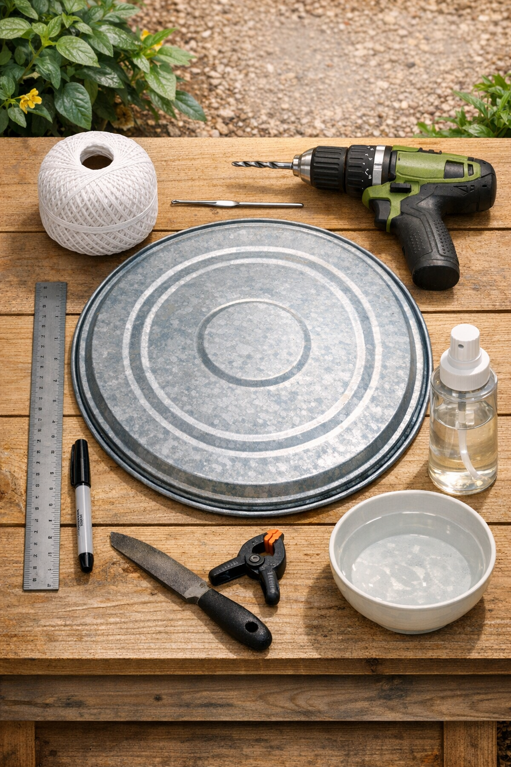 Materials for a crochet-edged bird bath cover made from an upside-down metal trash can lid