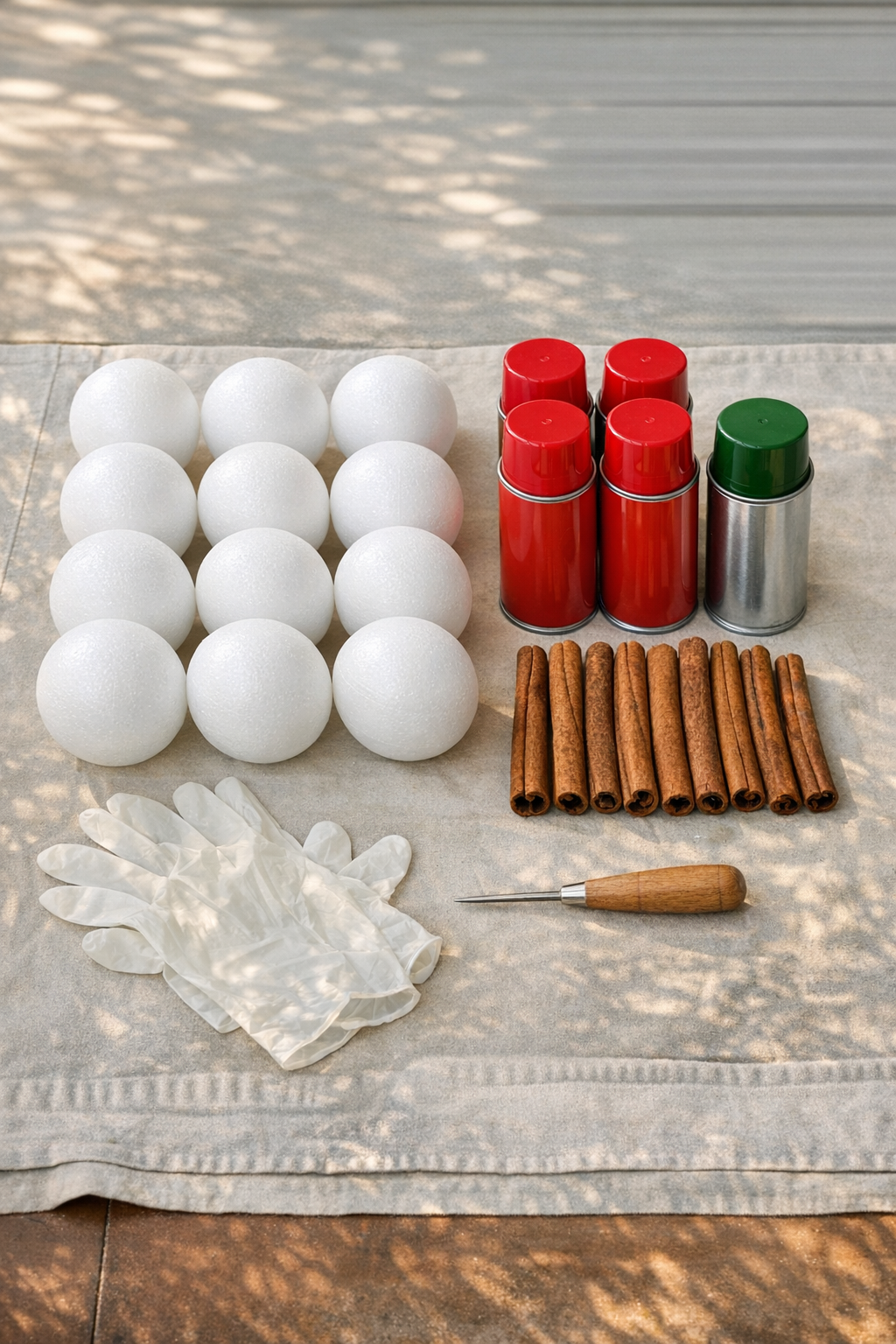 Materials for giant porch apples laid out together