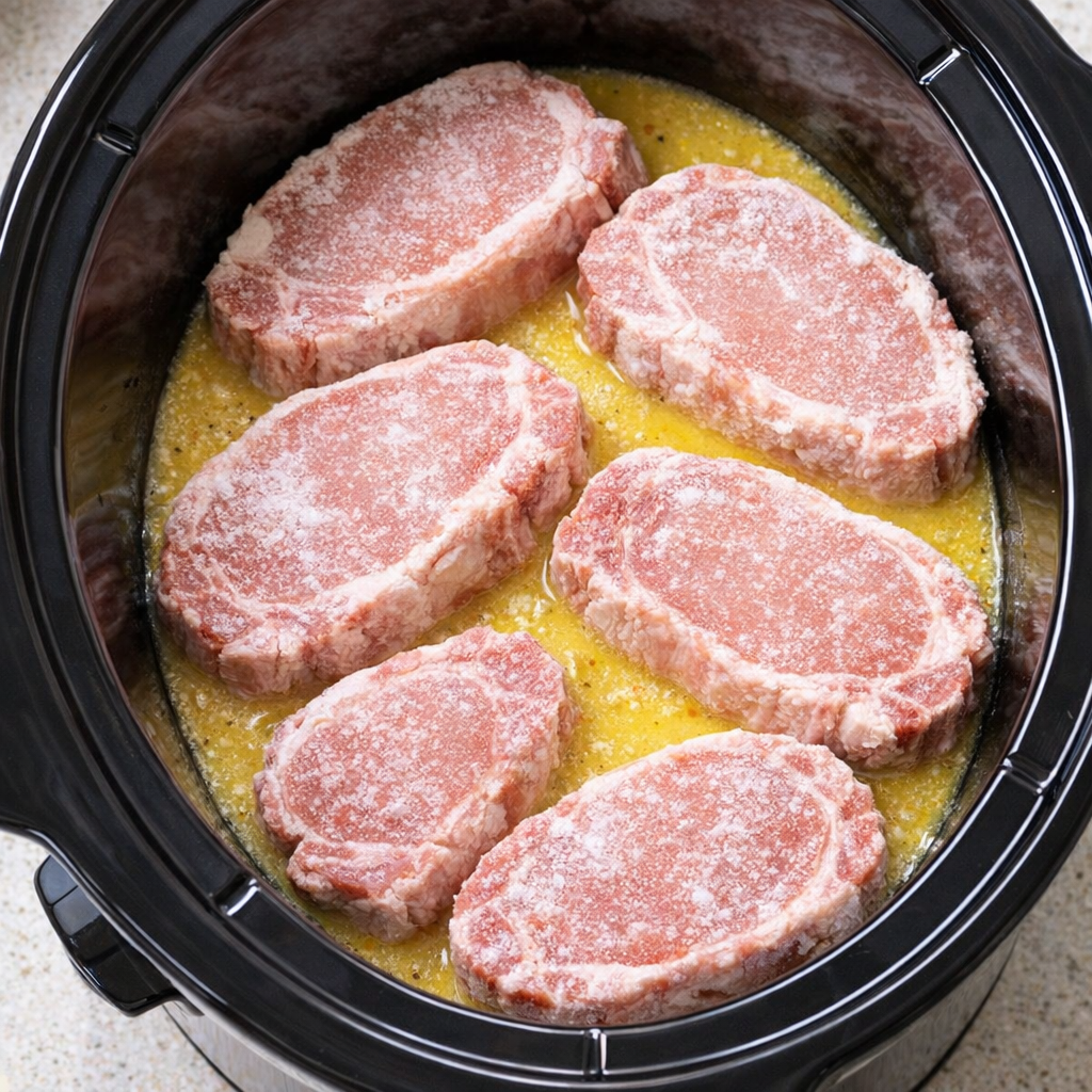 Frozen pork chops arranged in slow cooker