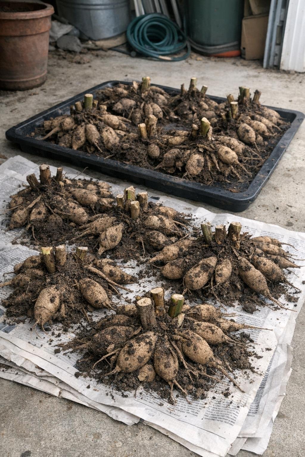 Freshly dug dahlia tubers drying before winter storage