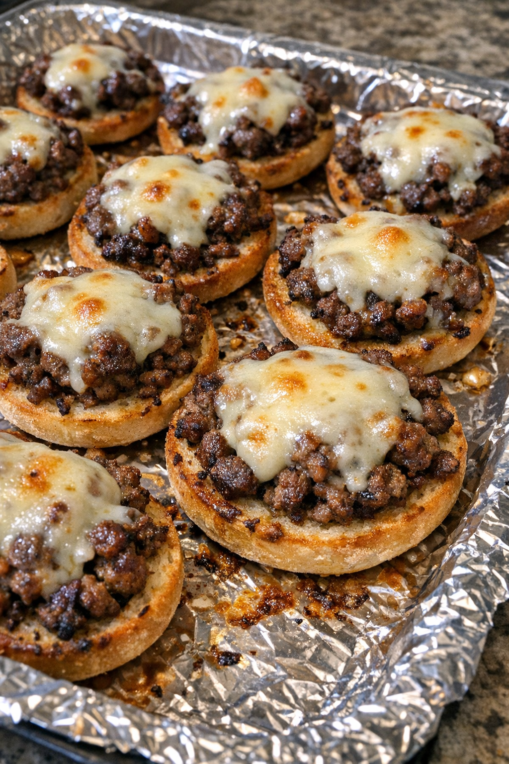 Finished beef bagel bites with melted provolone