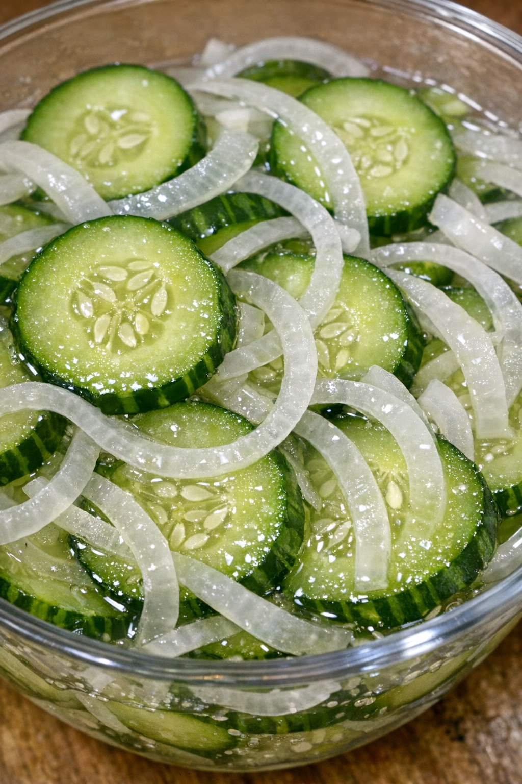 Cucumber onion salad in a glass serving bowl