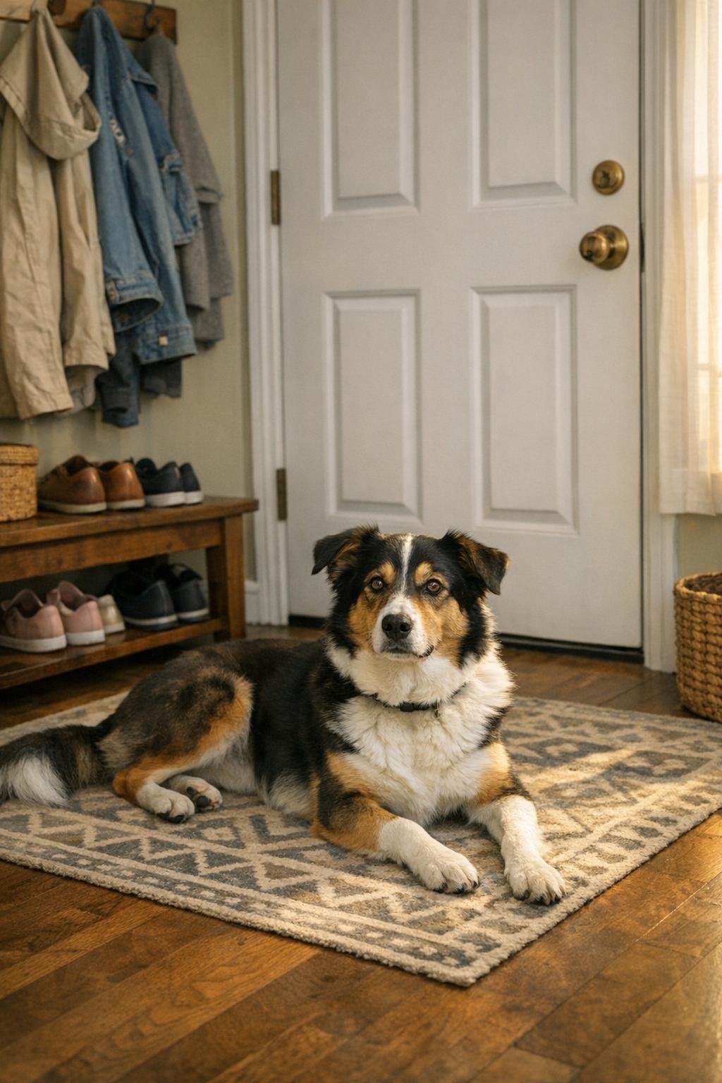 Dog resting near a front door in a family home