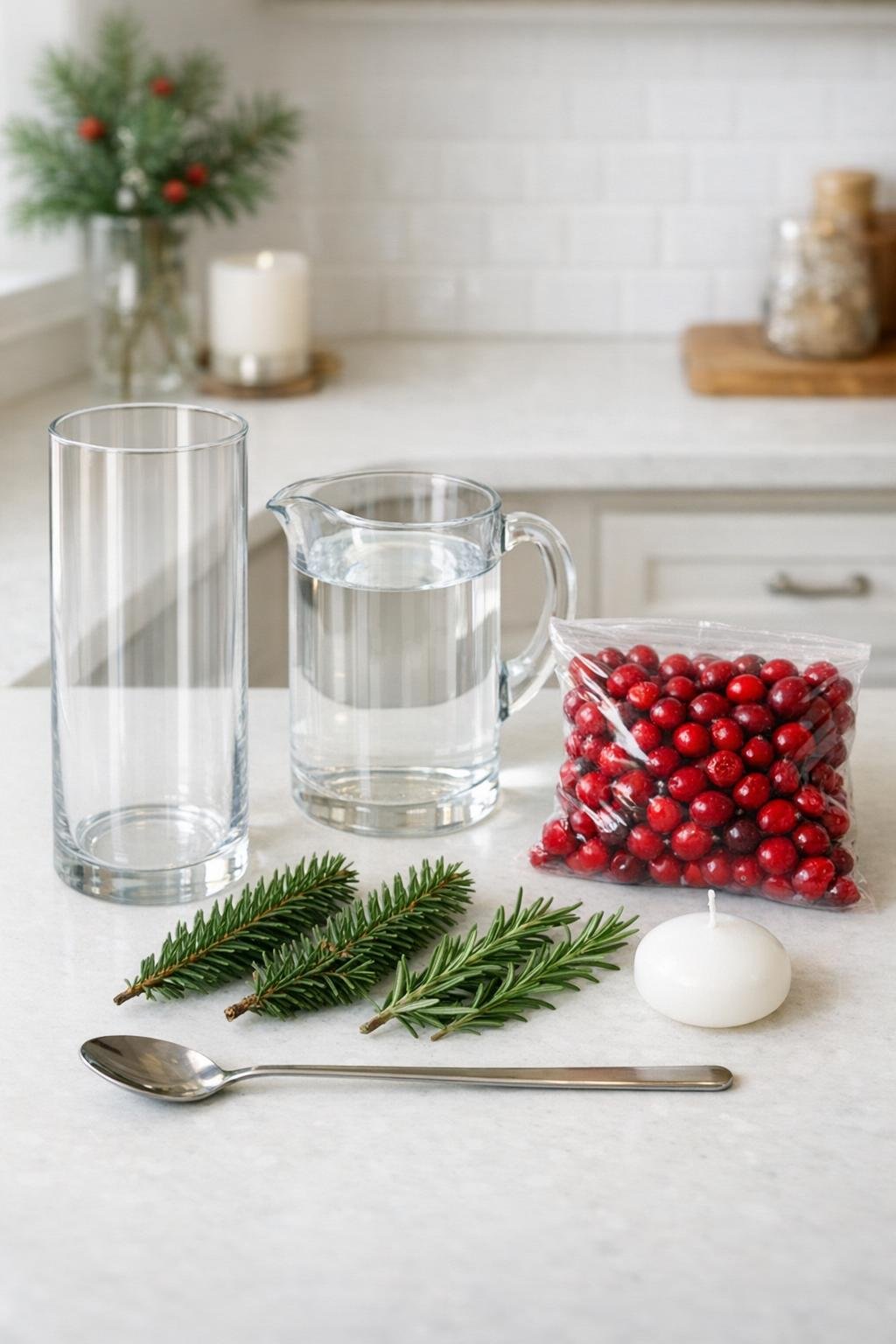 Materials for a holiday water-filled vase centerpiece laid out neatly on a counter