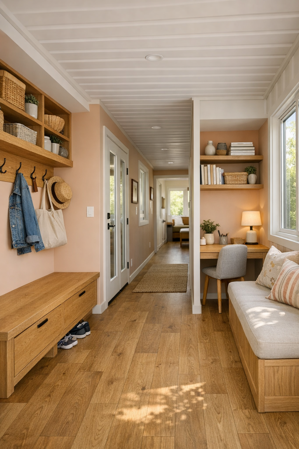 Entry and flexible utility area with built-in bench, warm oak flooring, and compact work nook