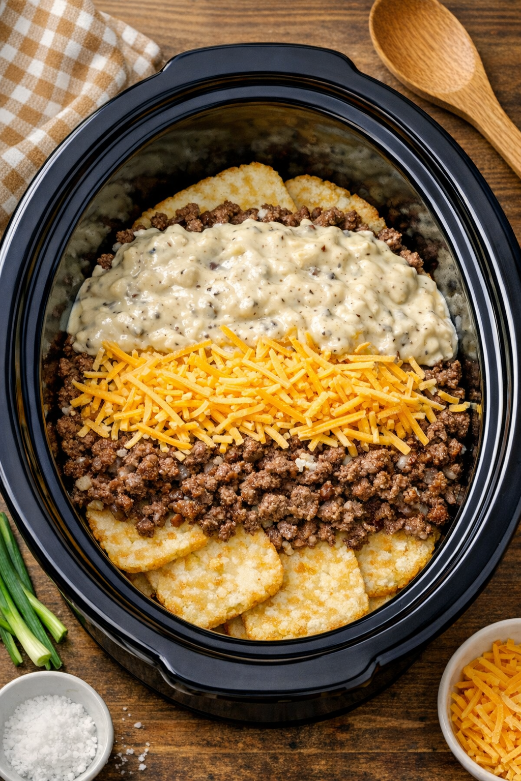 First layer of casserole assembled in the slow cooker