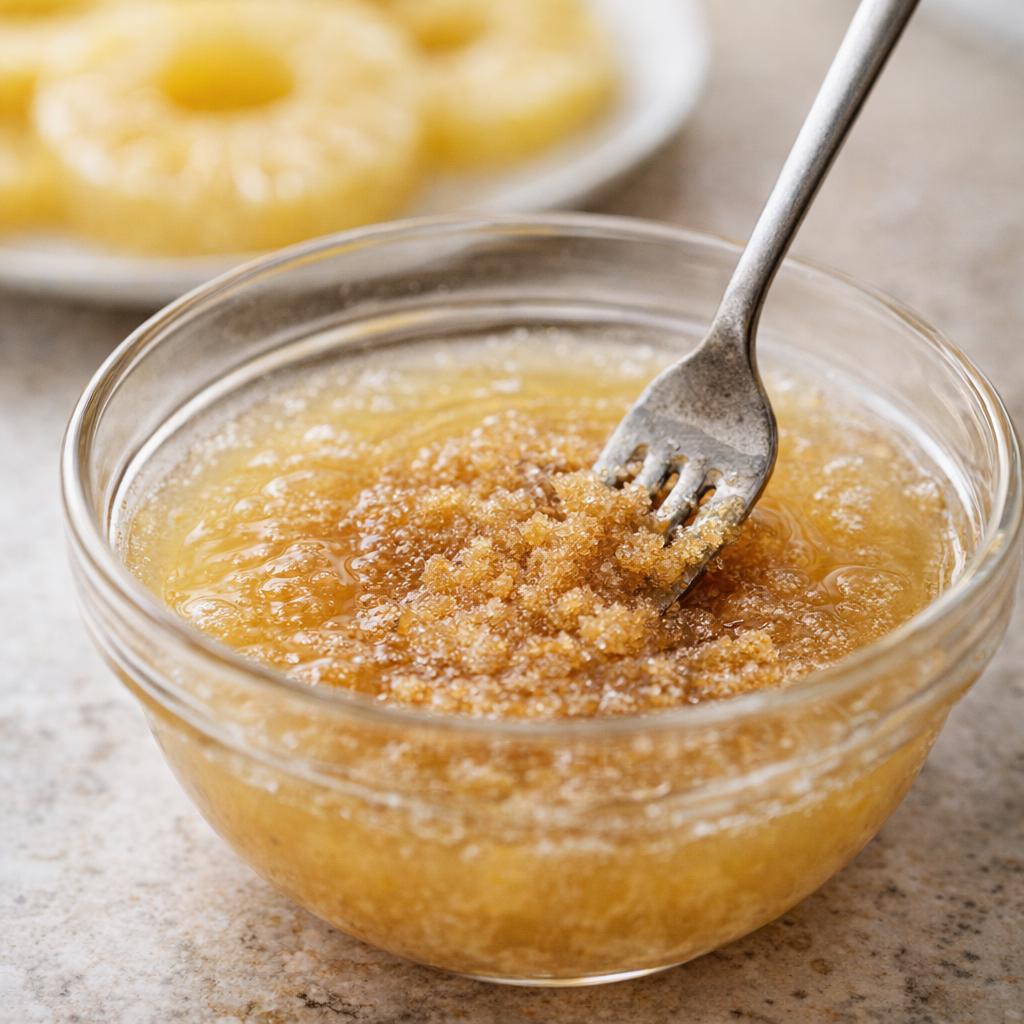 Brown sugar stirred into pineapple juice in a small bowl
