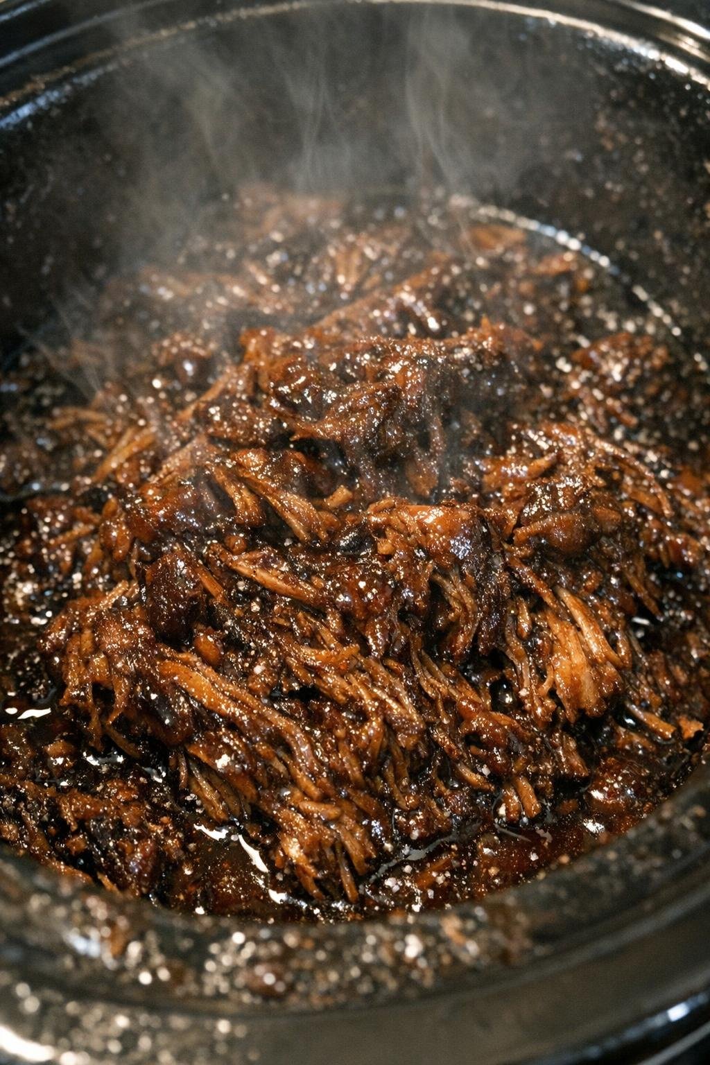 Slow cooker shredded protein in dark sticky sauce