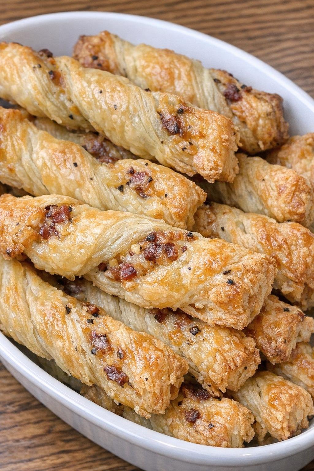 Golden flaky savory pastry twists piled in a serving dish