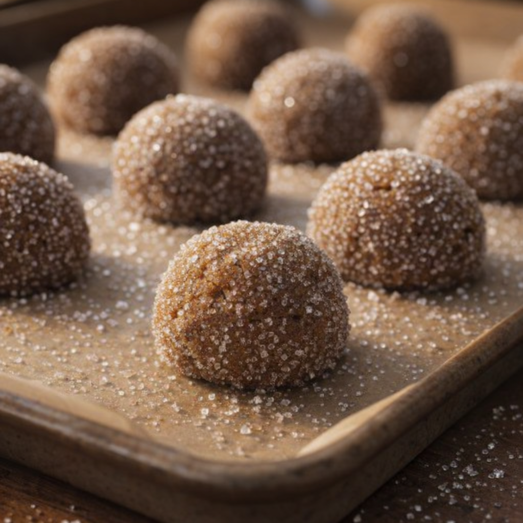 Sugar-coated cookie dough balls lined up on a baking sheet