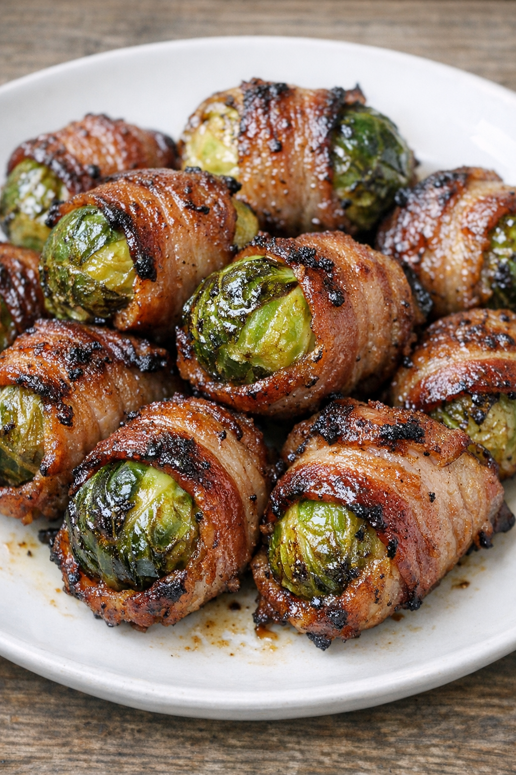 Low carb 3-ingredient bacon brussels bombs on a white plate