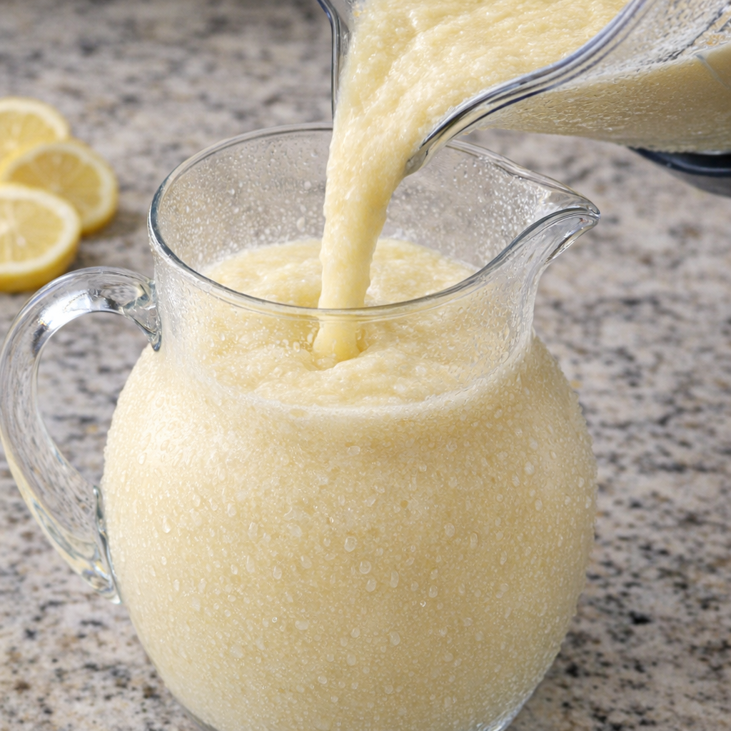 Frosted lemonade being poured into a chilled pitcher