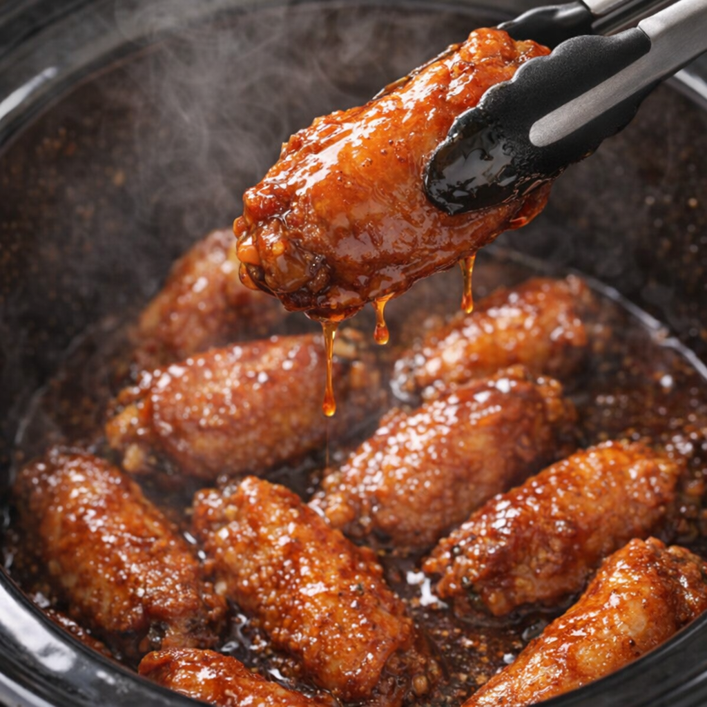 Cooked wingettes being lifted from the slow cooker