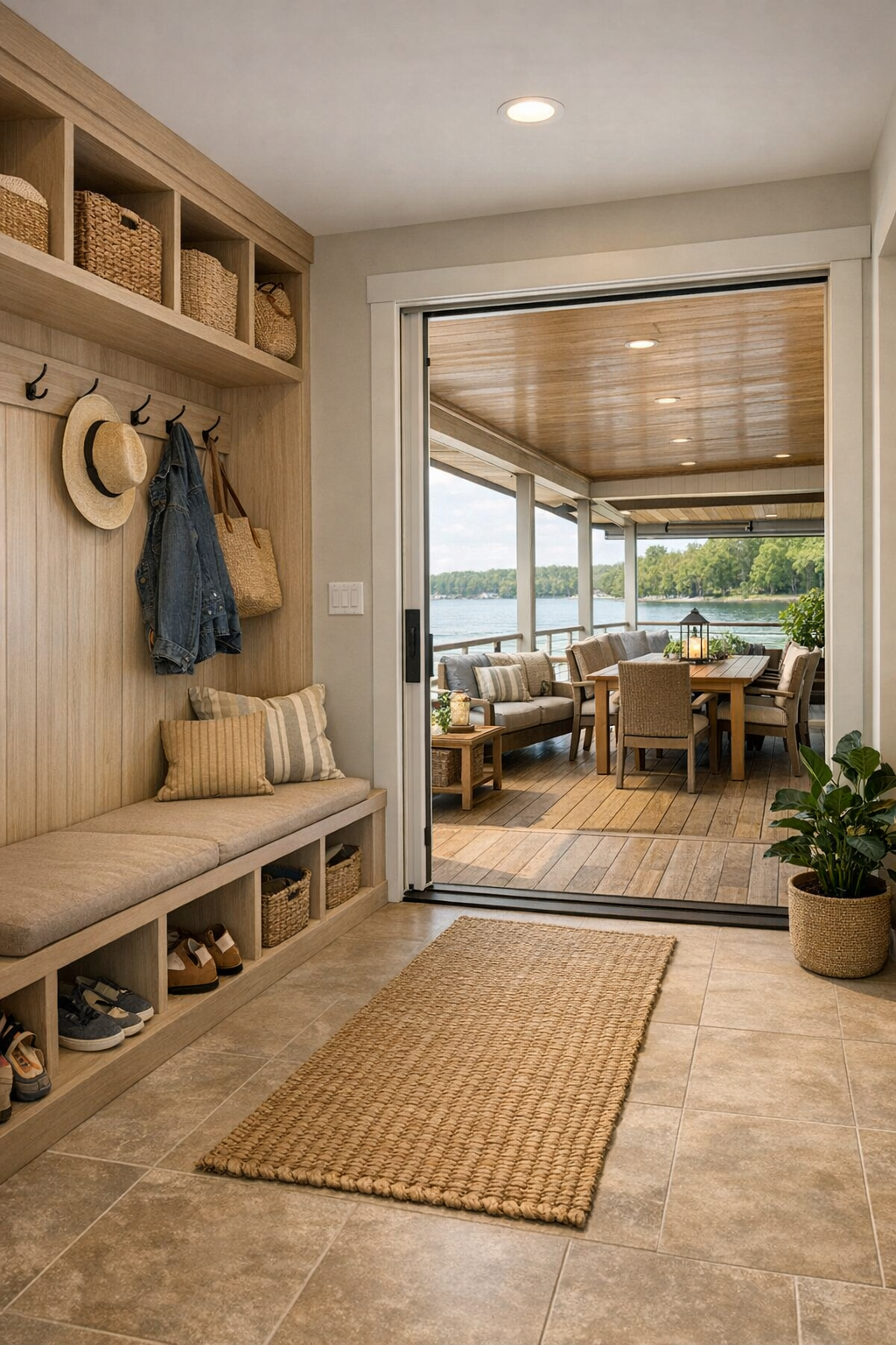 Functional mudroom and covered deck area with built-ins, wide passages, and cozy outdoor seating