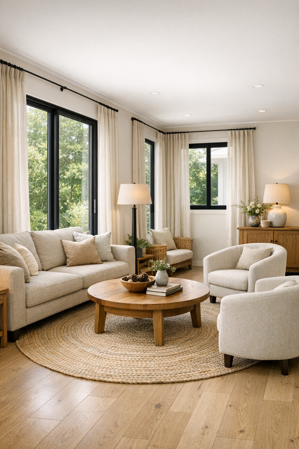 Bright soft modern living room with pale oak floors and oatmeal seating