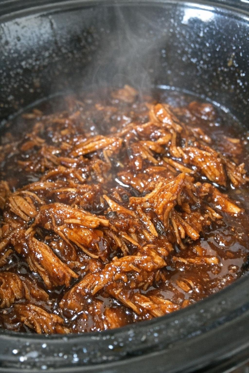Shredded protein in dark amber sauce in a slow cooker