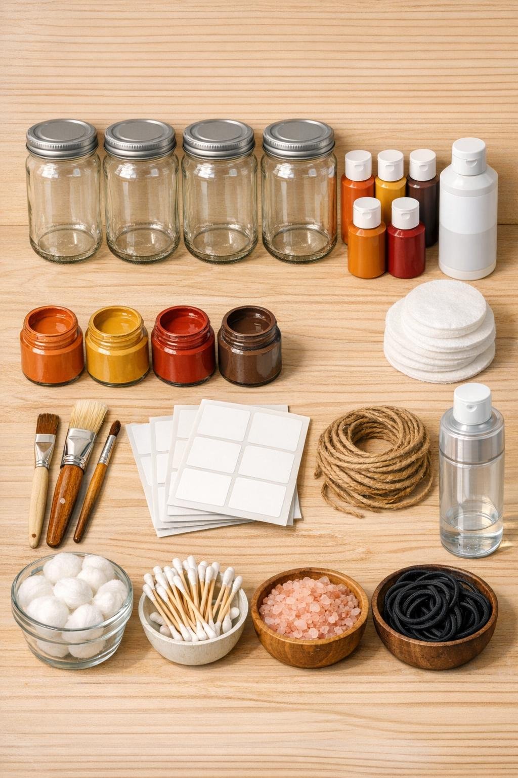 Thrifted glass olive jars and craft supplies laid out for a fall bathroom storage project
