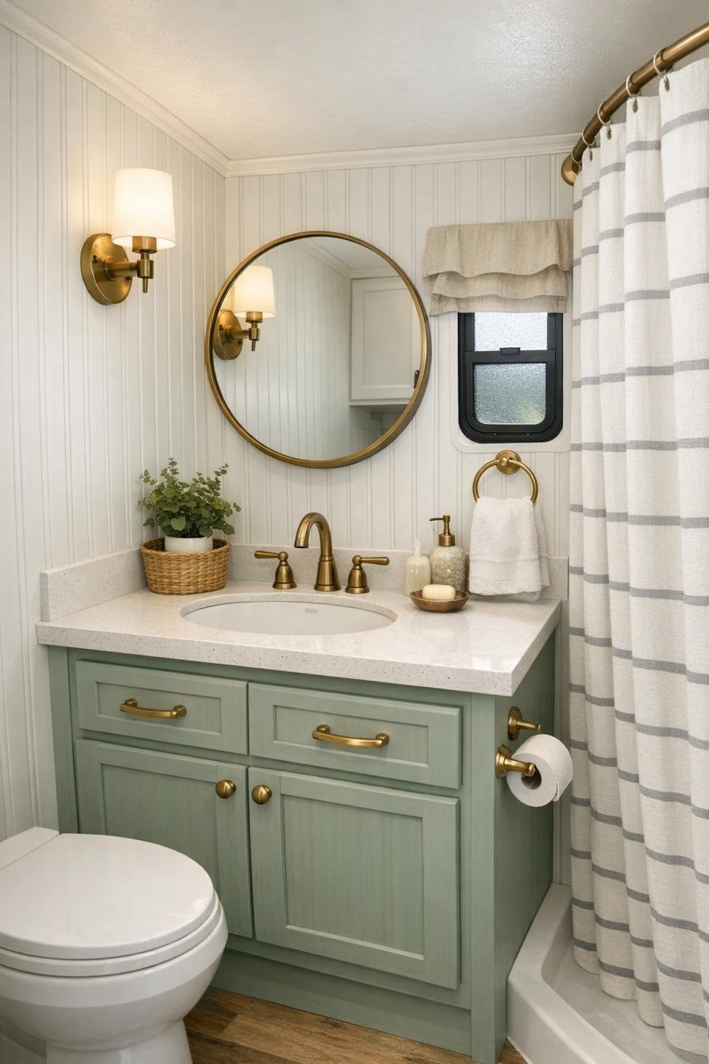 Bright RV bathroom with painted vanity, beadboard walls, and a striped shower curtain