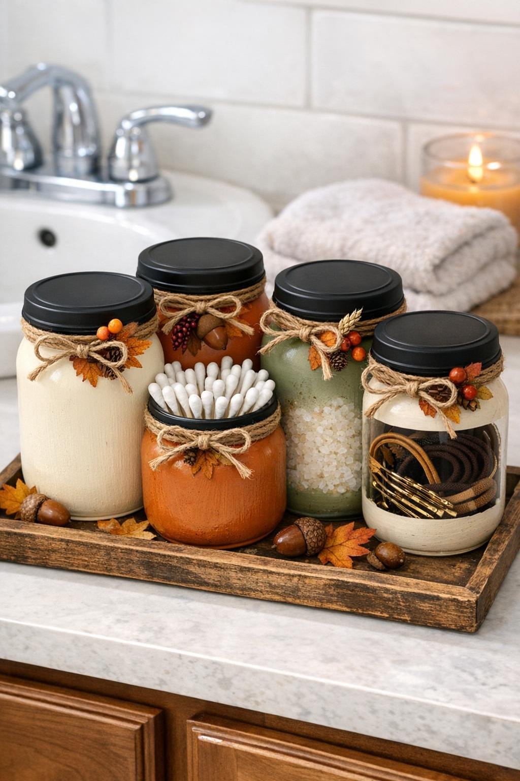Finished fall bathroom storage set made from painted thrift store pickle jars
