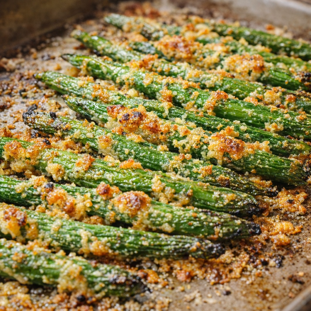 Close-up of roasted green beans with bubbling Parmesan crust