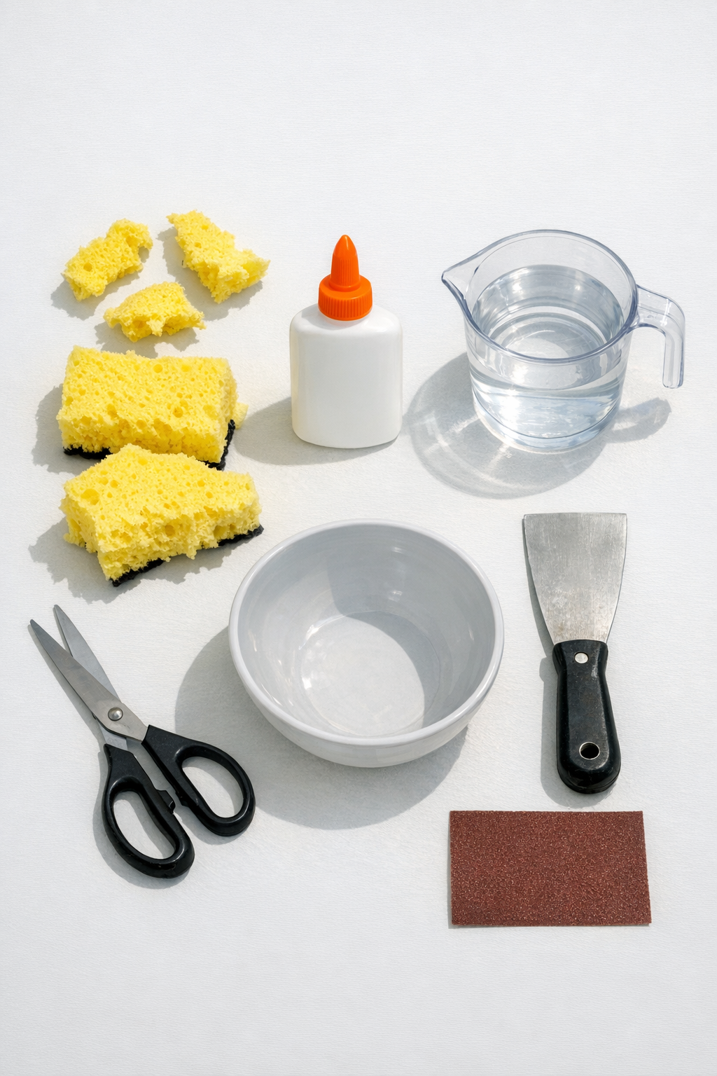 Ripped kitchen sponges, white glue, water, a bowl, scissors, and a putty knife laid out for a wall patch repair