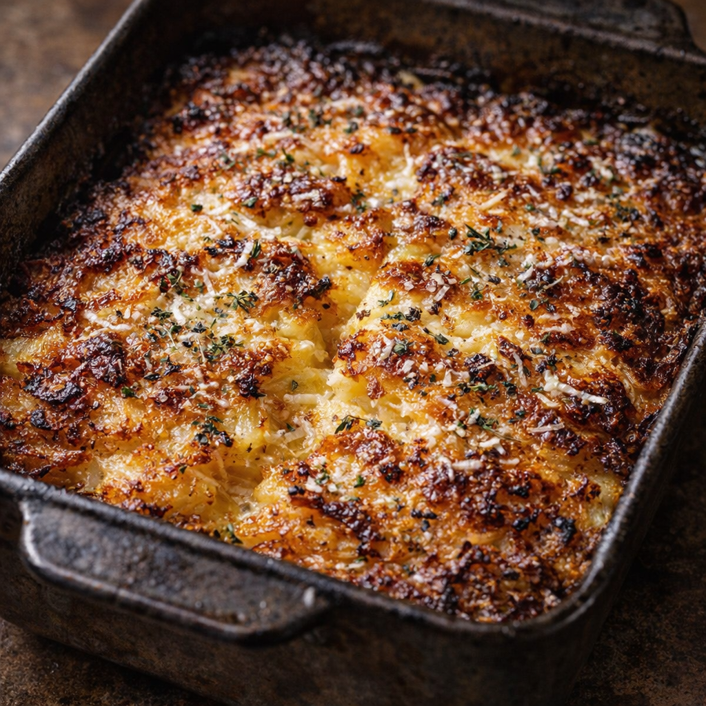 Potato bake variation topped with herbs and a little grated cheese