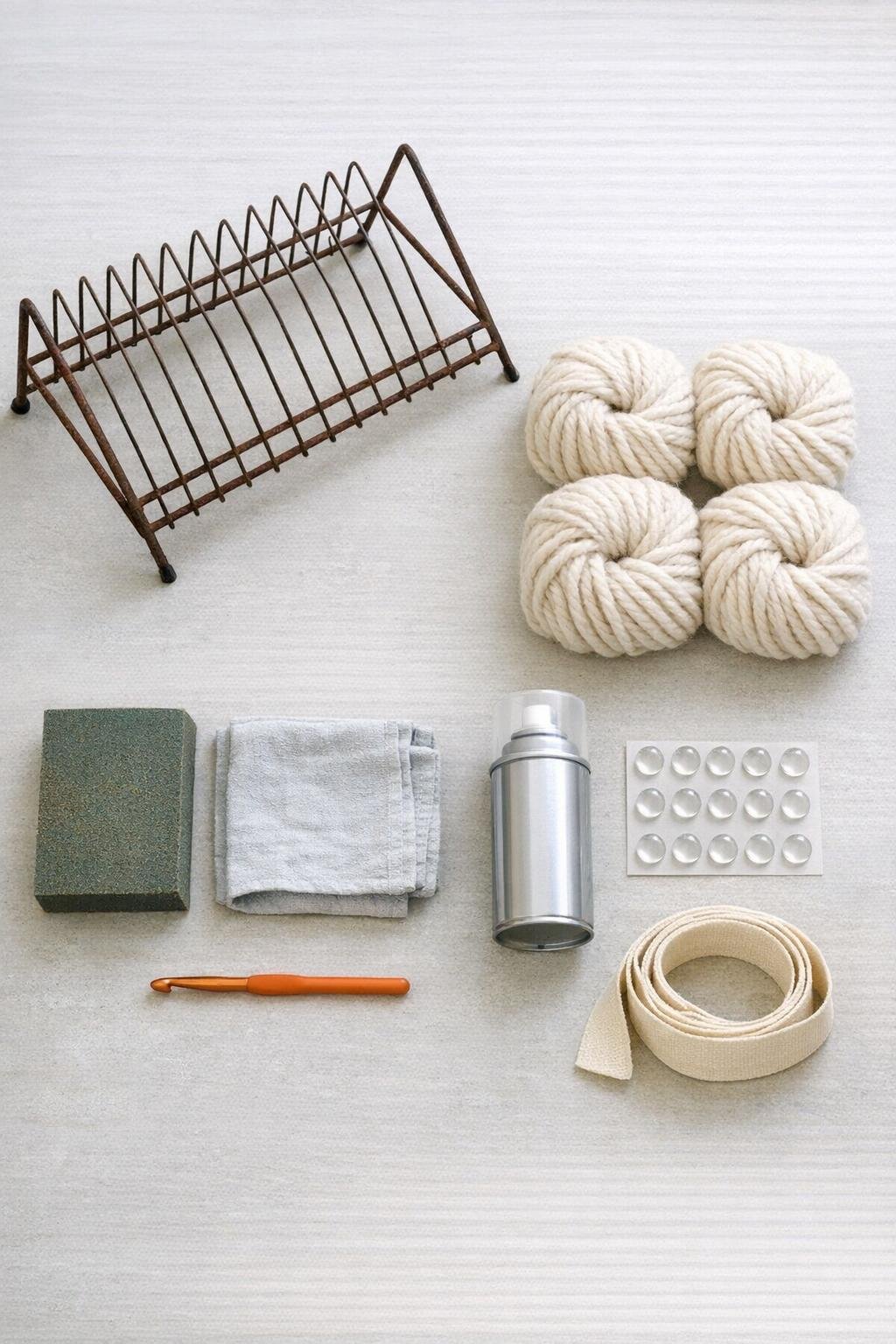 Materials for making a crocheted storage basket from a vintage wire record rack