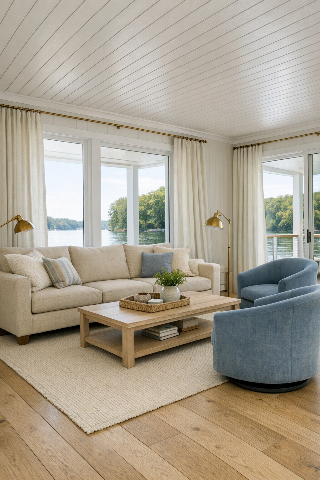 Bright cottage-style houseboat living room with pale wood floors, oatmeal sofa, blue chairs, and large water-facing windows