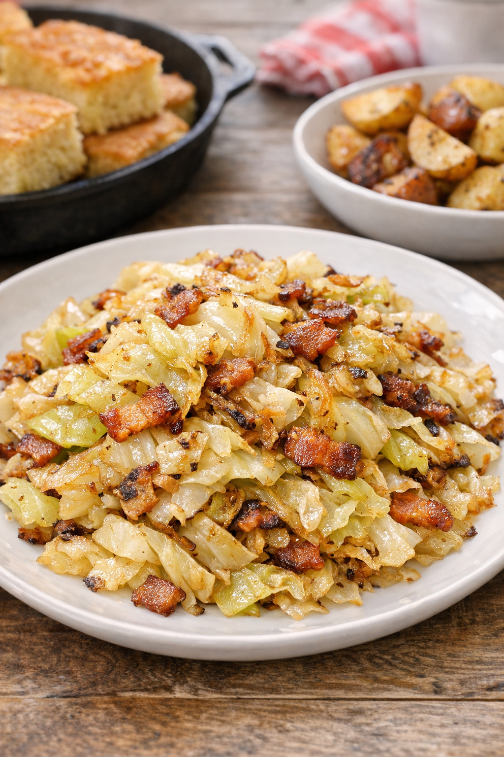 Plated skillet cabbage with family-style sides