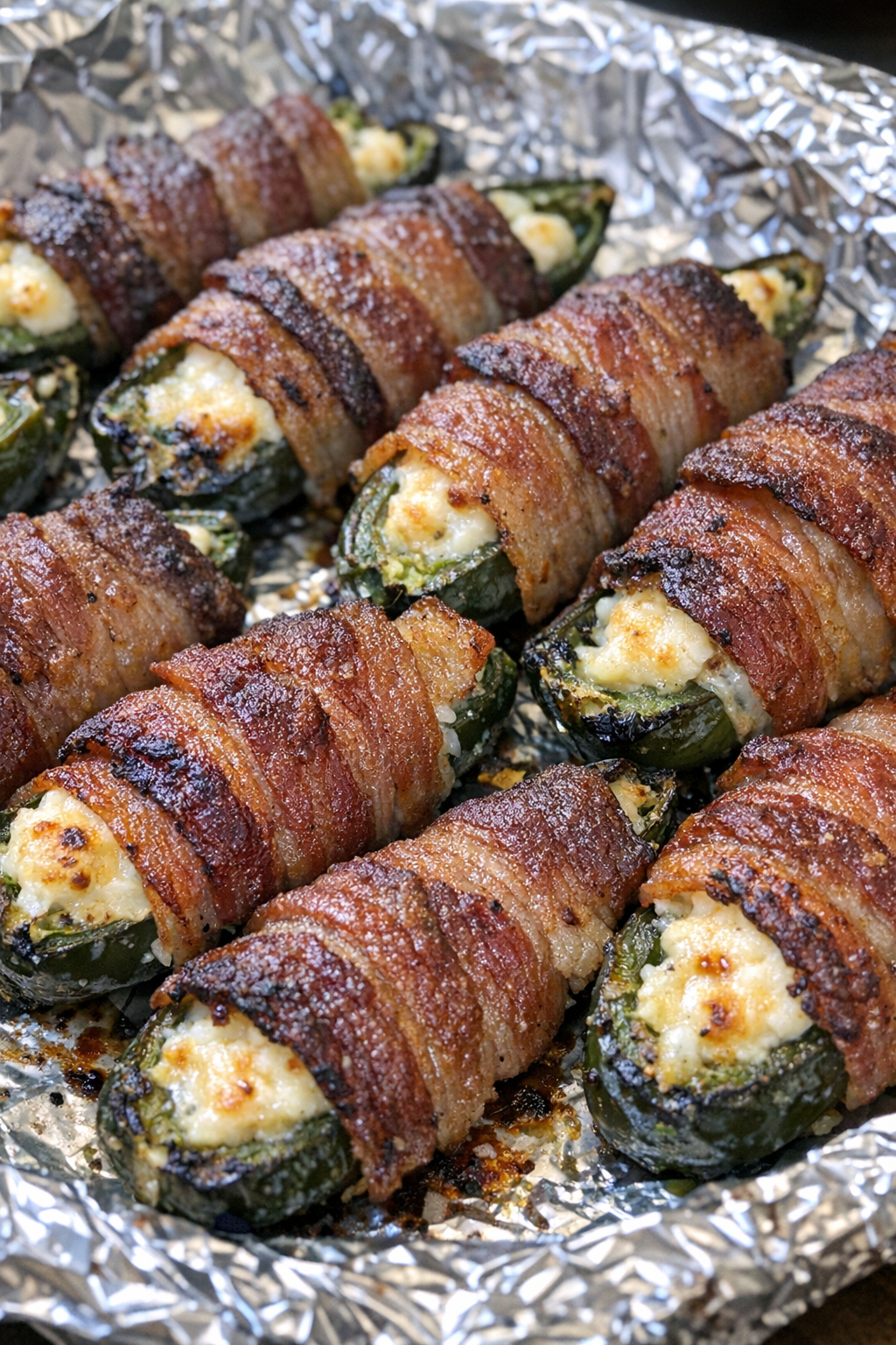 Close up of bacon wrapped jalapenos on a foil-lined platter