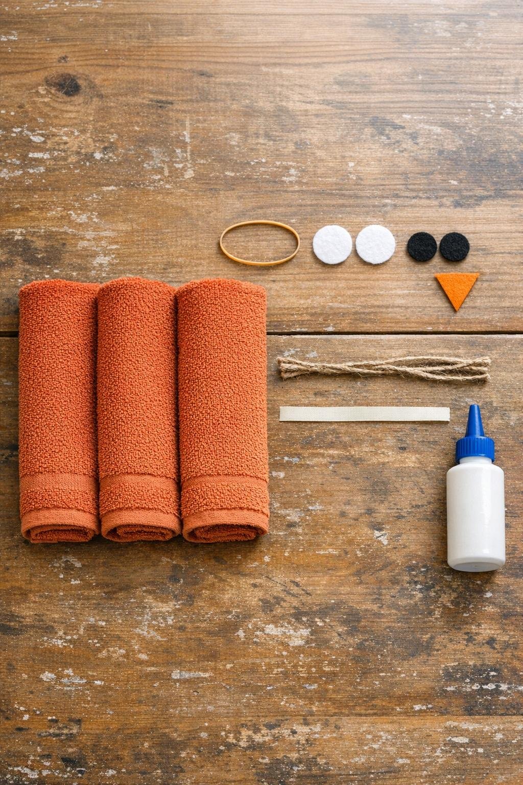 Rust washcloths, rubber band, felt pieces, and craft supplies laid out on a table