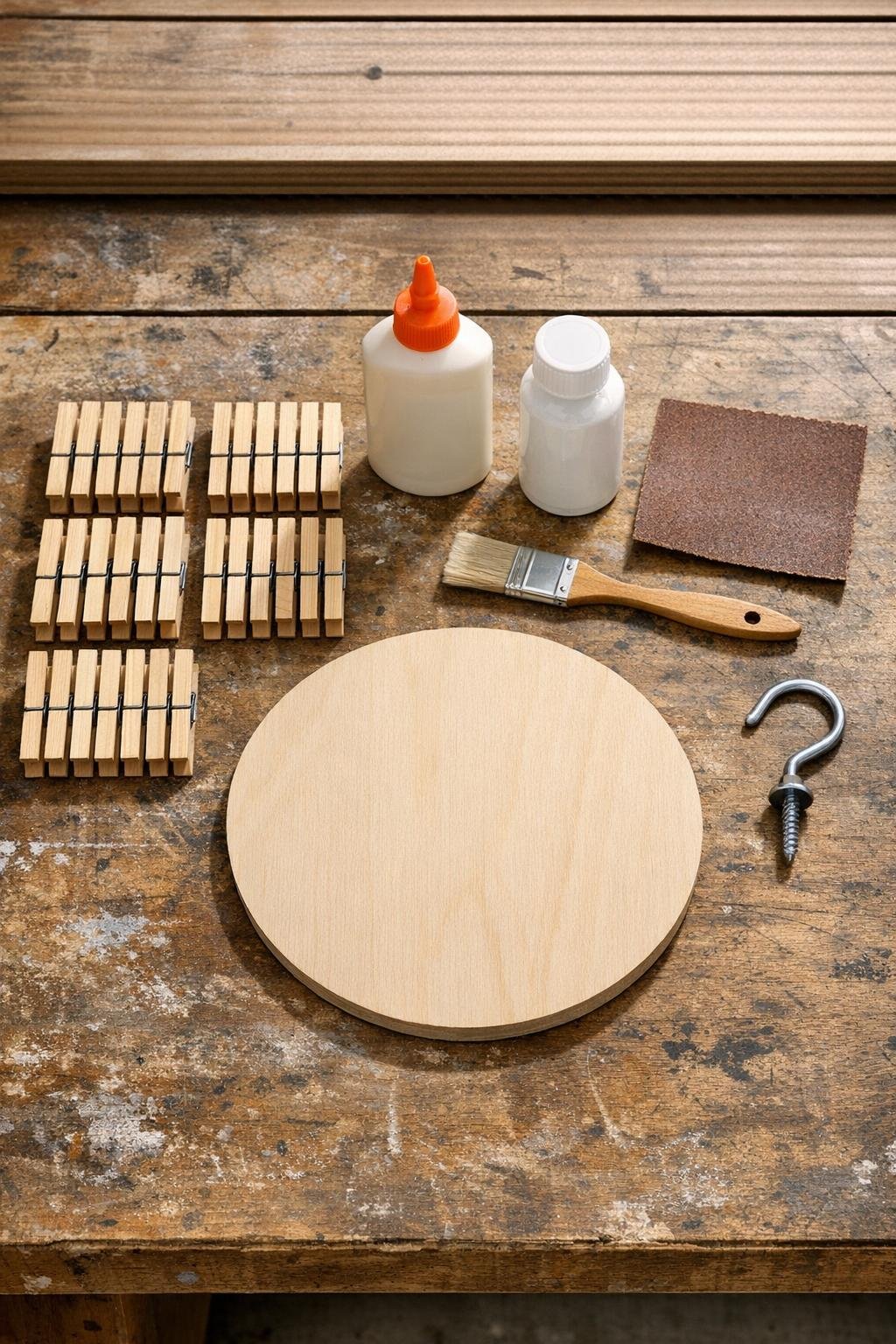 Materials for a clothespin porch project laid out on a work surface