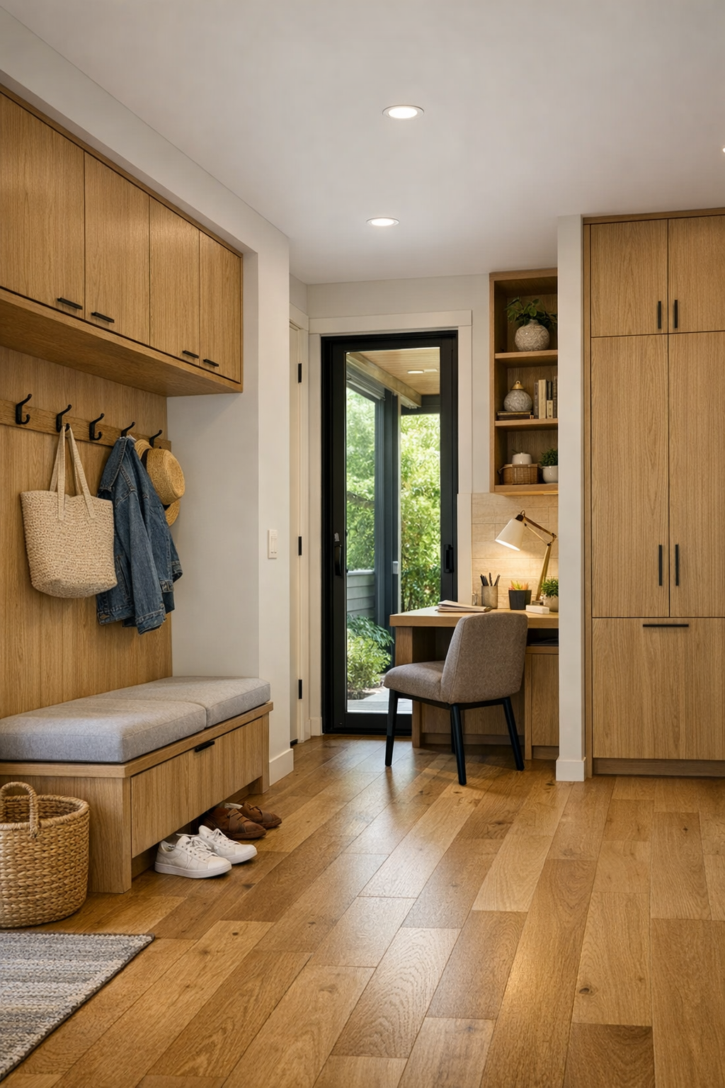 Functional entry and flex area with built-in storage in a warm modern container home
