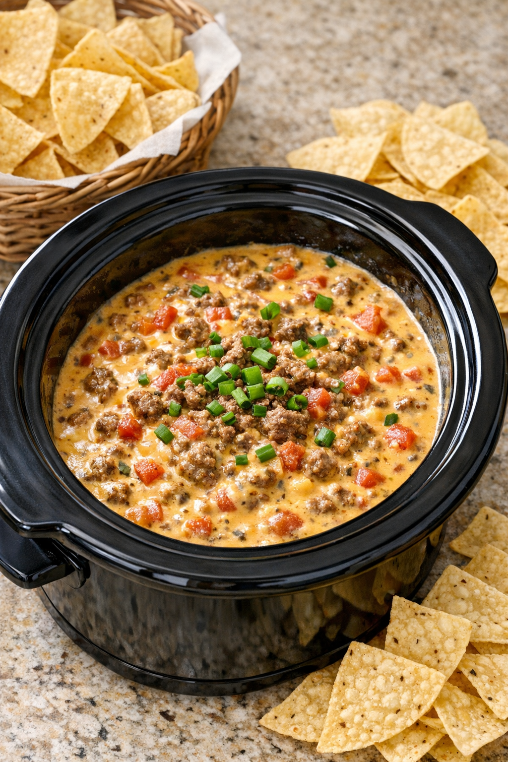Finished beef queso dip in a slow cooker