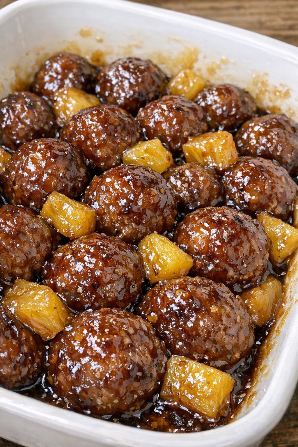 Glossy pineapple teriyaki meatballs in a white baking dish