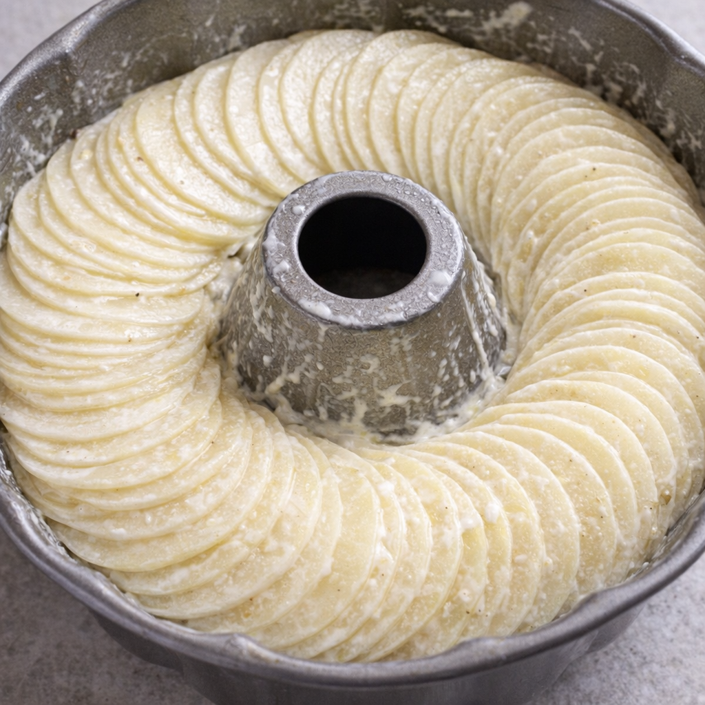 Potato slices fanned neatly in a buttered ring mold