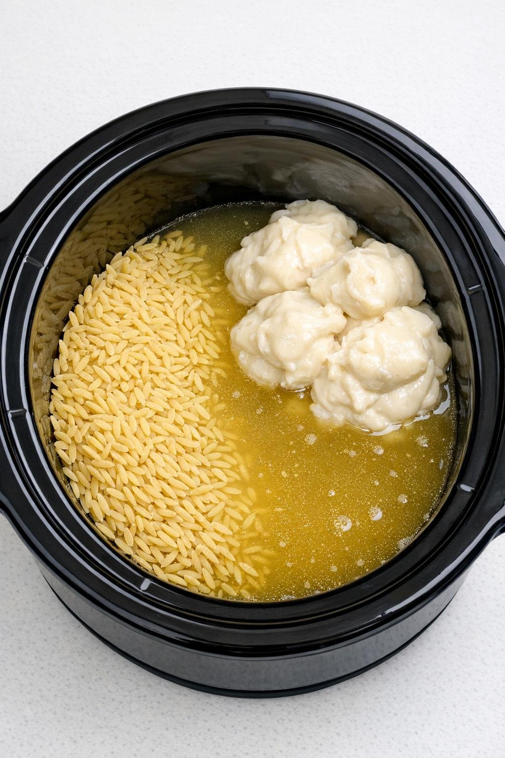 Droge orzo, bouillon en soep toegevoegd aan de slowcooker.